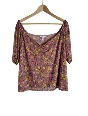 BP Vibrant Floral Print Mesh Dusty Red Fabric Draped Neckline Size 3x